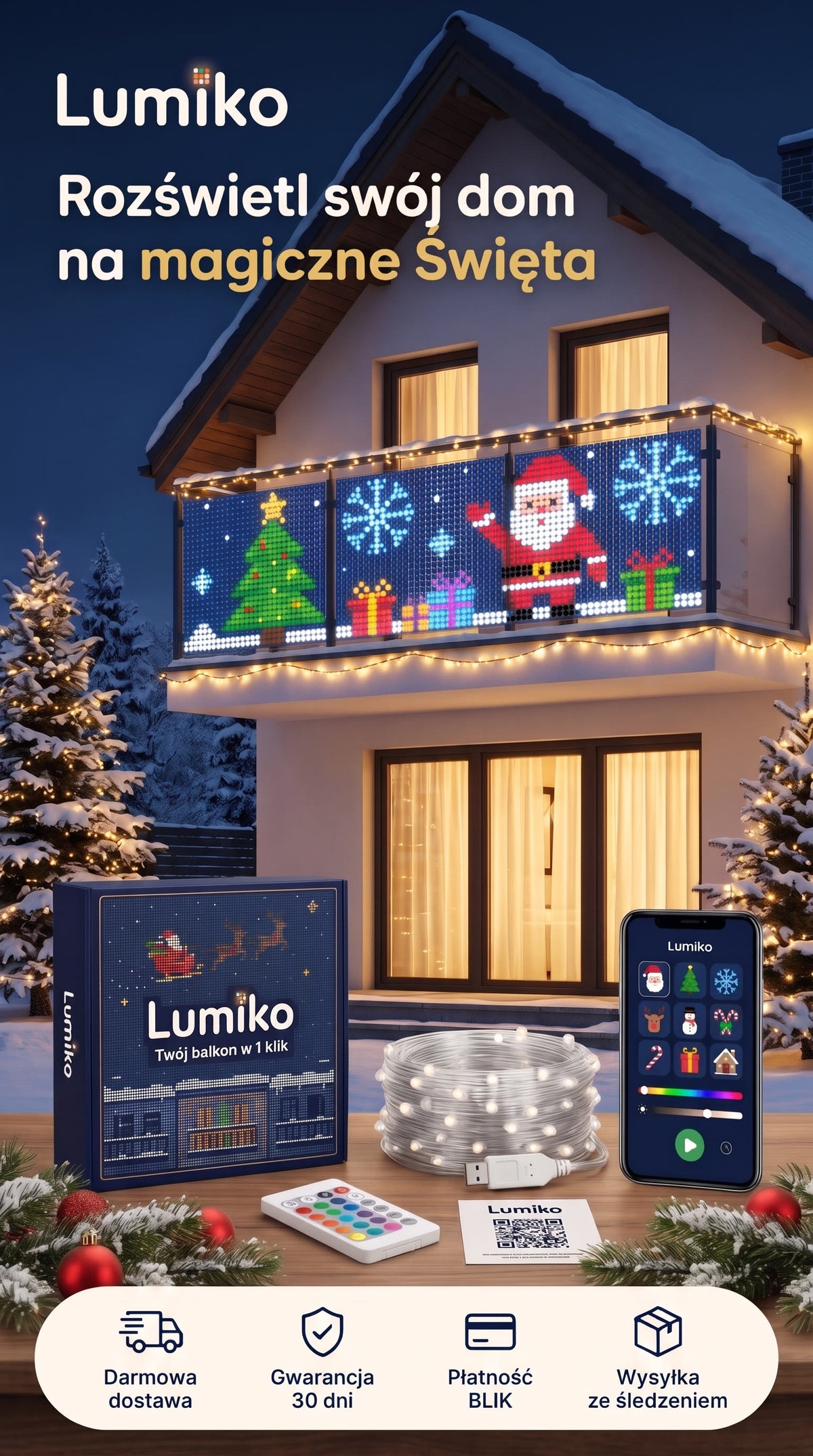 Lumiko – animowana kurtyna LED na balkon, zestaw z aplikacją