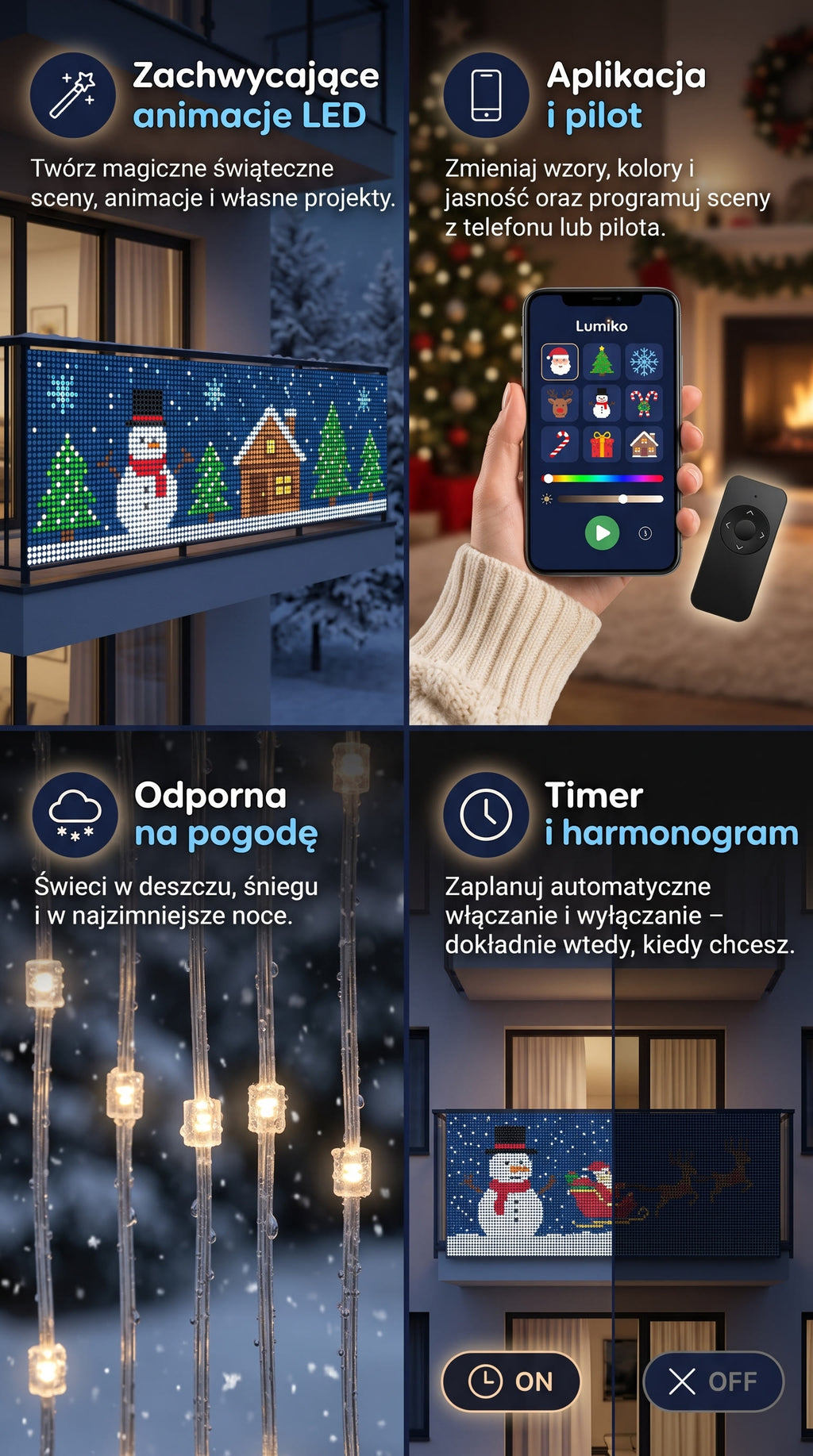 Animacje LED, aplikacja i pilot, odporna na pogodę, timer