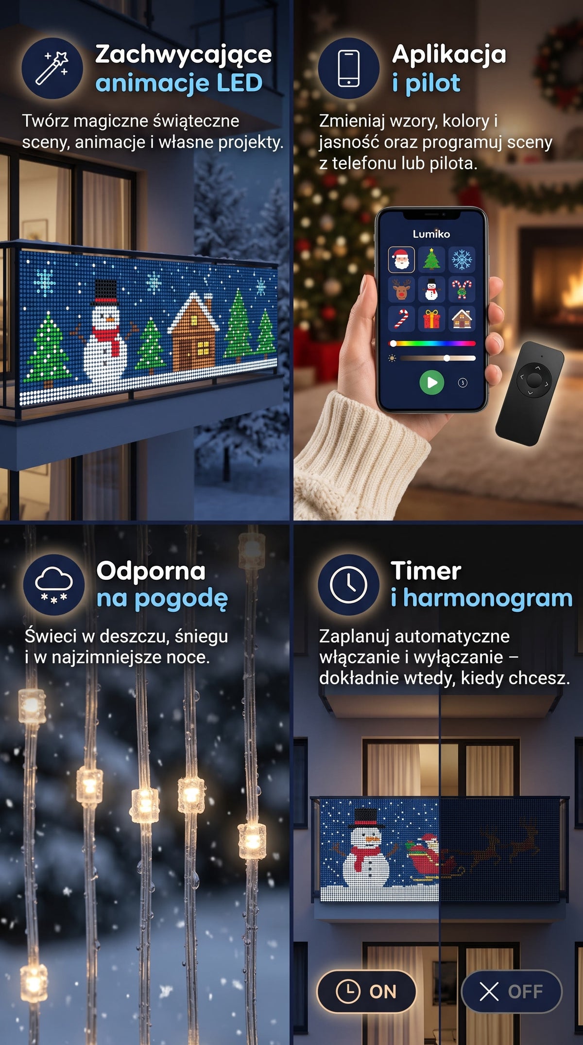 Animacje LED, aplikacja i pilot, odporna na pogodę, timer