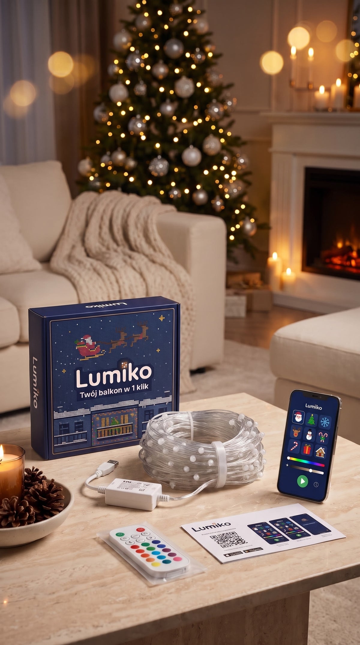 Zestaw Lumiko: kurtyna LED, kontroler, pilot, instrukcja