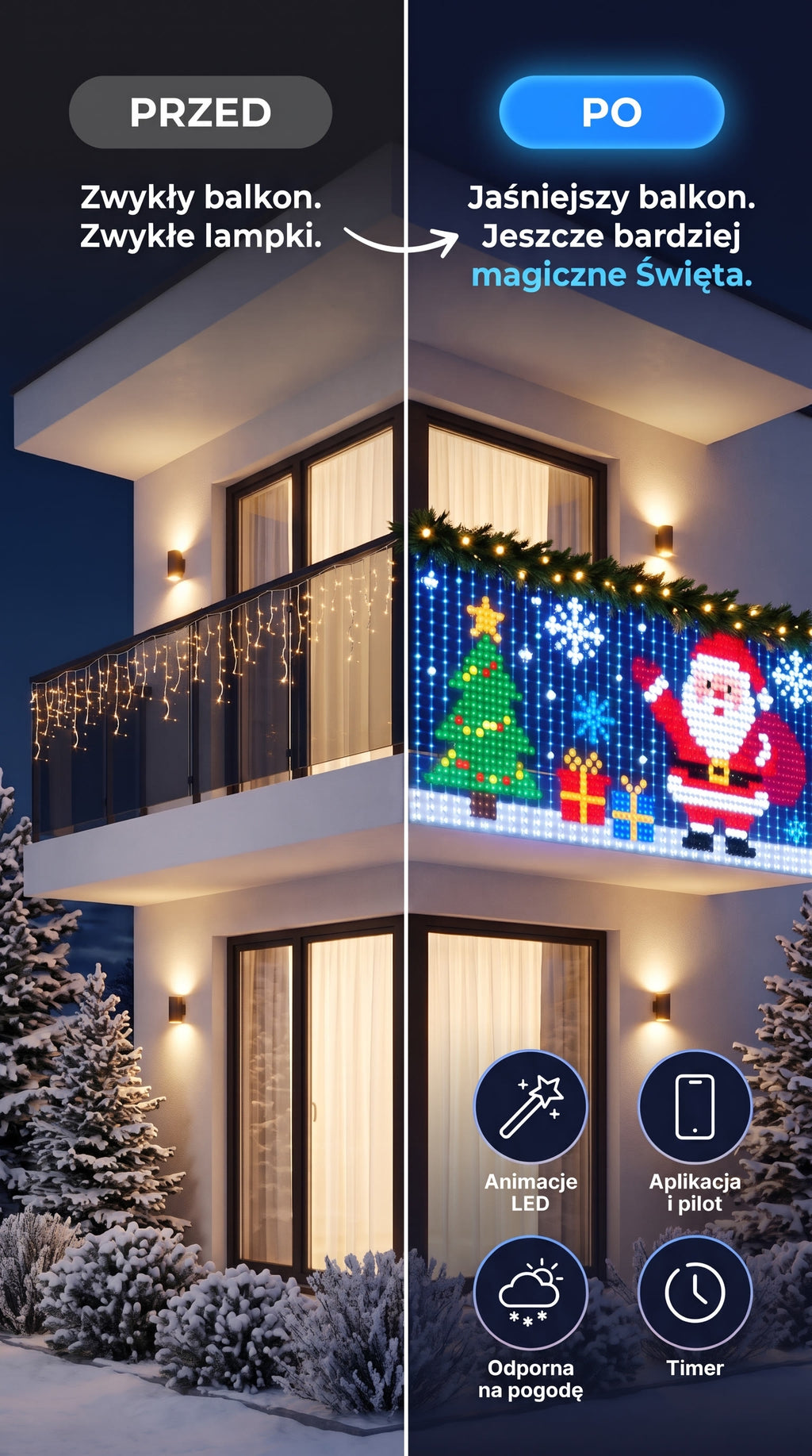 Przed i po: balkon z kurtyną LED Lumiko