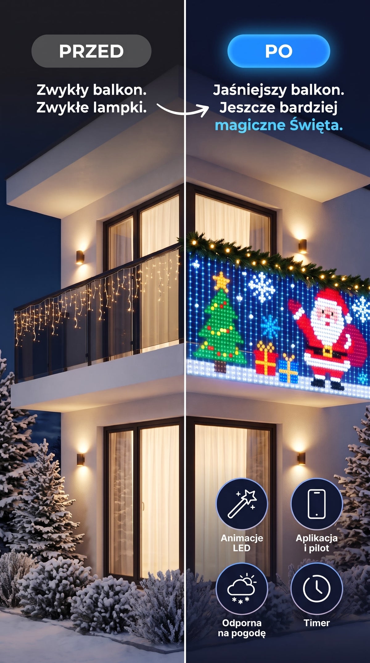 Przed i po: balkon z kurtyną LED Lumiko